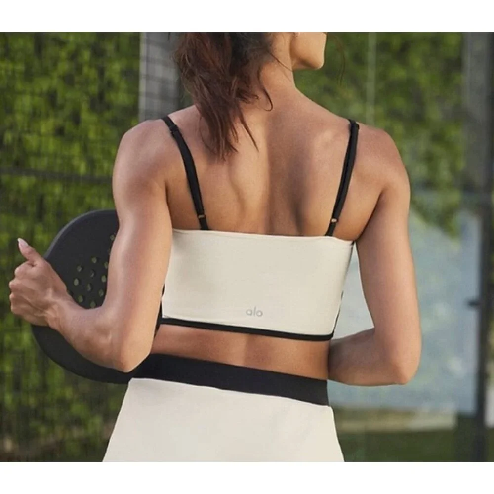 Alo Airbrush Streamlined Bra Tank Ivory Black Padded Sports Bralette Crop Top XS
